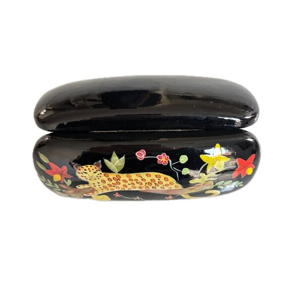 A.J. Morgan Hand Painted Eyeglass Case Leather Clamshell Leopard Tropical Design - Picture 3 of 7